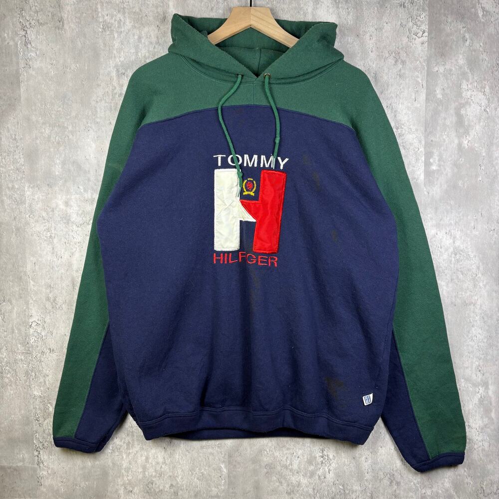 90s Mens Tommy Hilfiger Two-Tone Heavyweight H Hoodie X-L